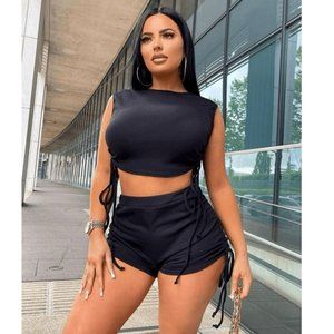 Black Sleeveless Ruched Crop Top and High Waist Shorts Two Piece Set
